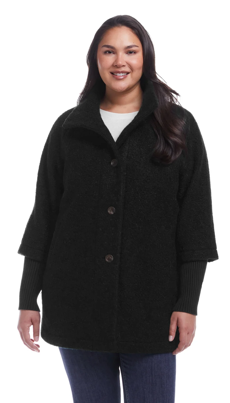 BUTTON FRONT BOUCLE TOPPER WITH KNIT SLEEVES - Image 10
