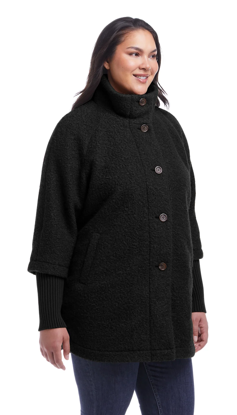 BUTTON FRONT BOUCLE TOPPER WITH KNIT SLEEVES - Image 12