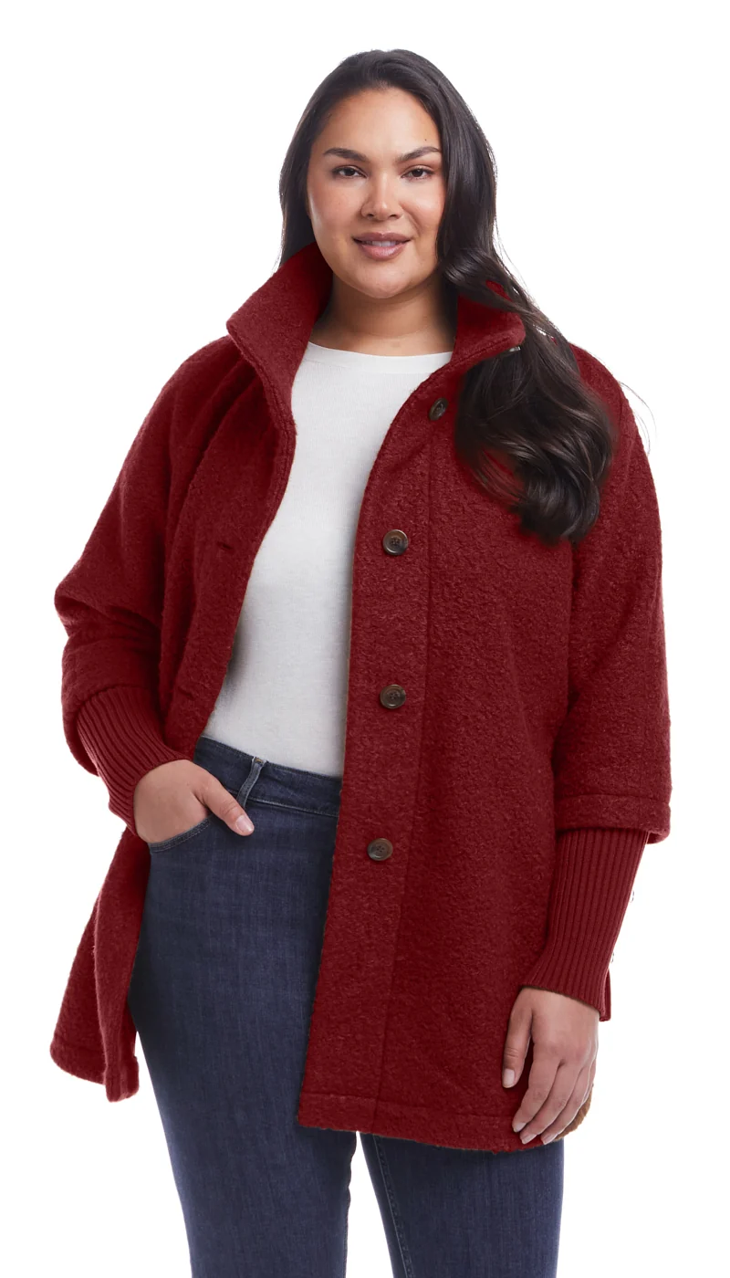 BUTTON FRONT BOUCLE TOPPER WITH KNIT SLEEVES - Image 24