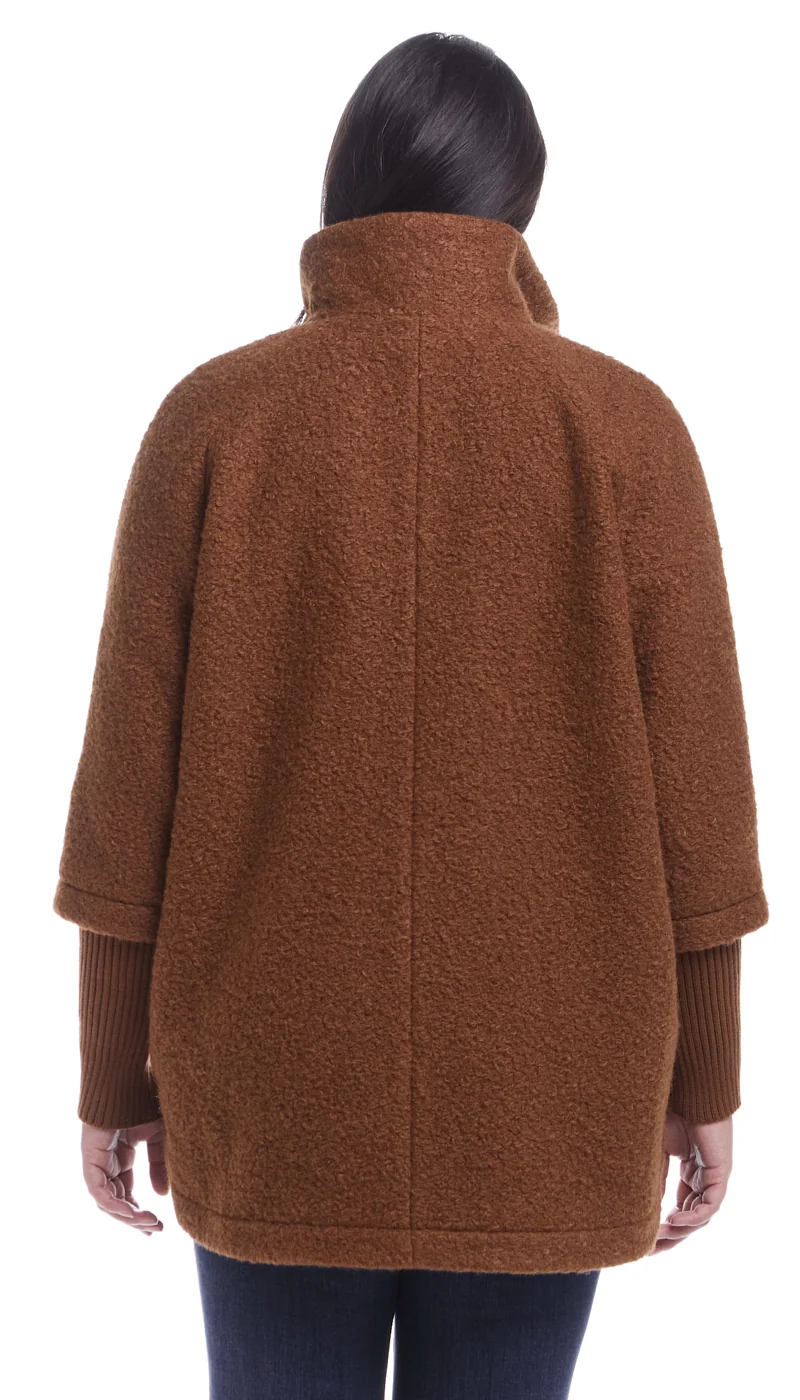 BUTTON FRONT BOUCLE TOPPER WITH KNIT SLEEVES - Image 3