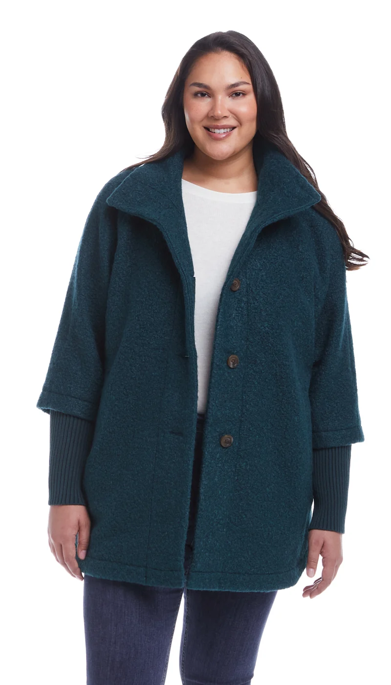 BUTTON FRONT BOUCLE TOPPER WITH KNIT SLEEVES - Image 31