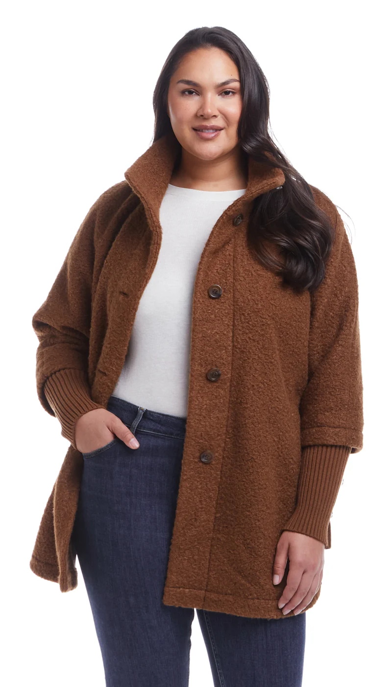BUTTON FRONT BOUCLE TOPPER WITH KNIT SLEEVES - Image 7