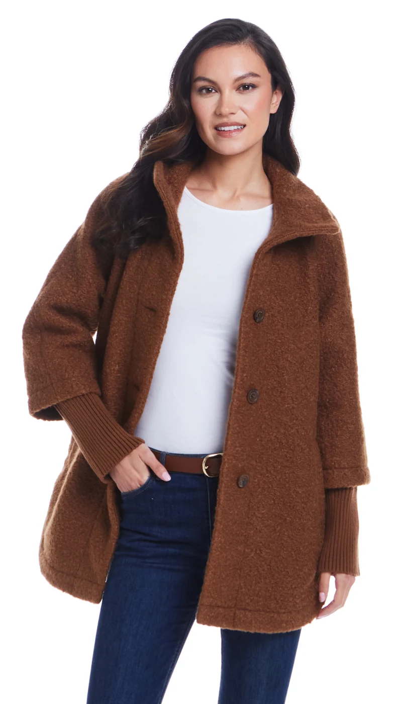 BUTTON FRONT BOUCLE TOPPER WITH KNIT SLEEVES - Image 16