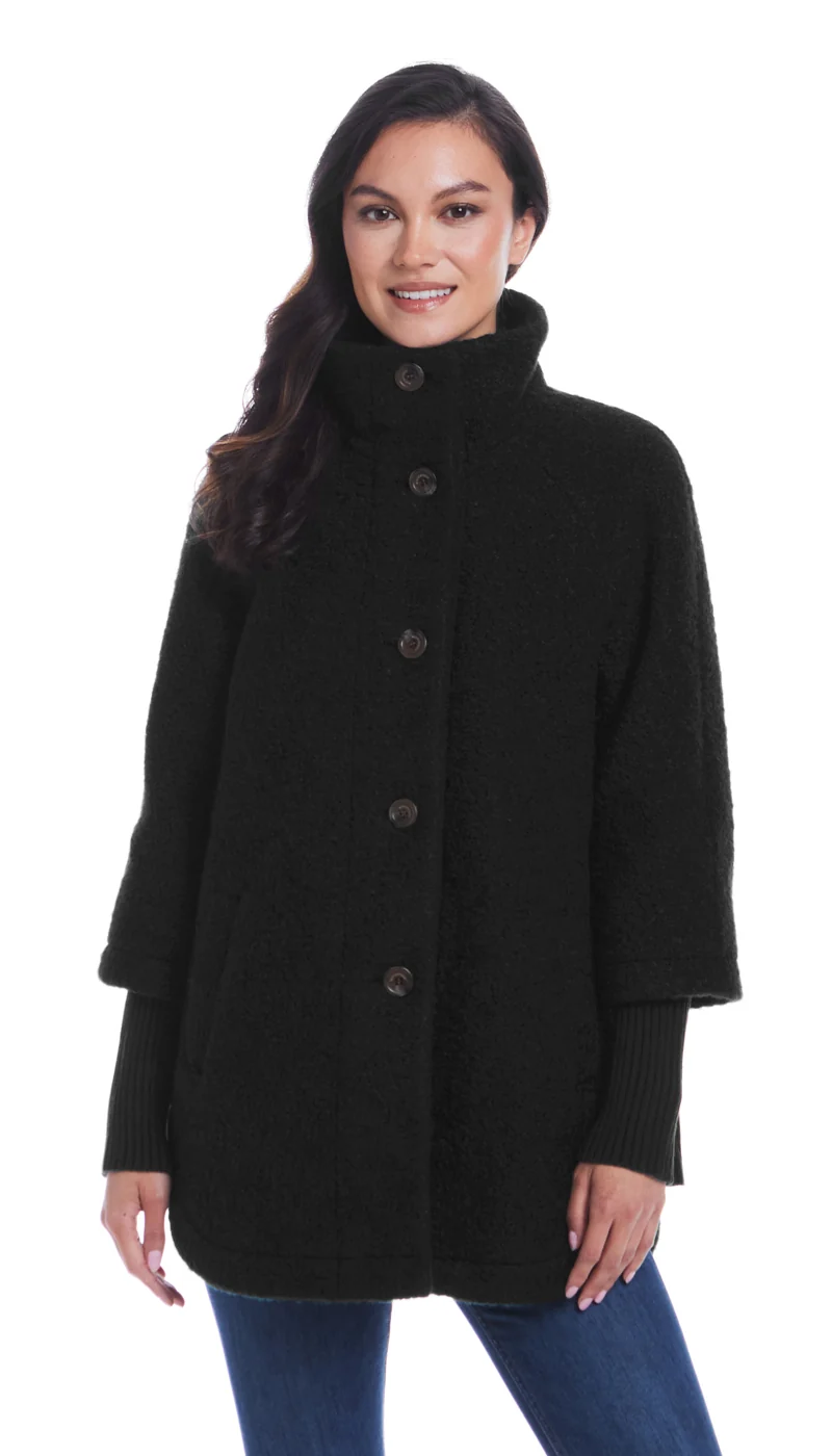 BUTTON FRONT BOUCLE TOPPER WITH KNIT SLEEVES - Image 18