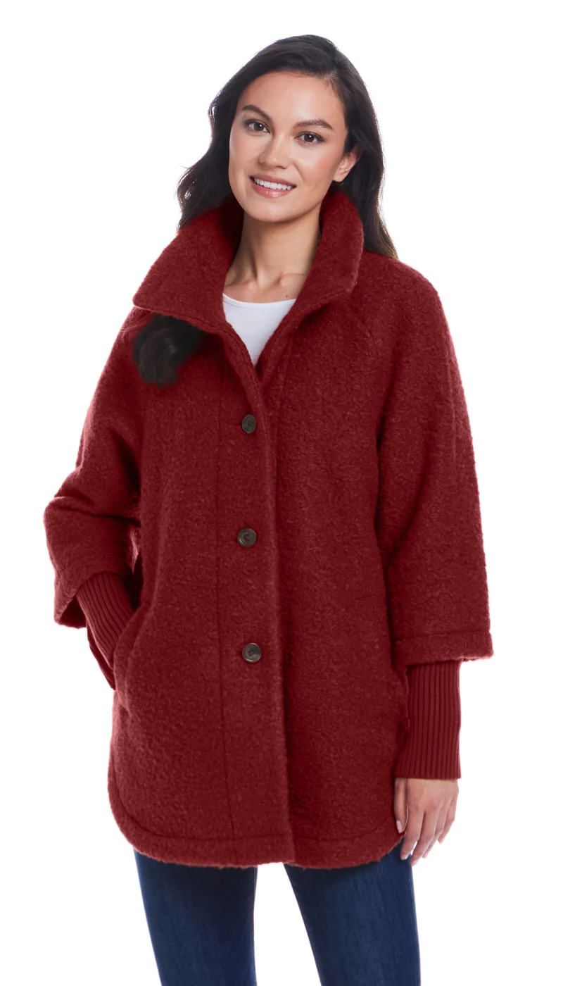 BUTTON FRONT BOUCLE TOPPER WITH KNIT SLEEVES - Image 26