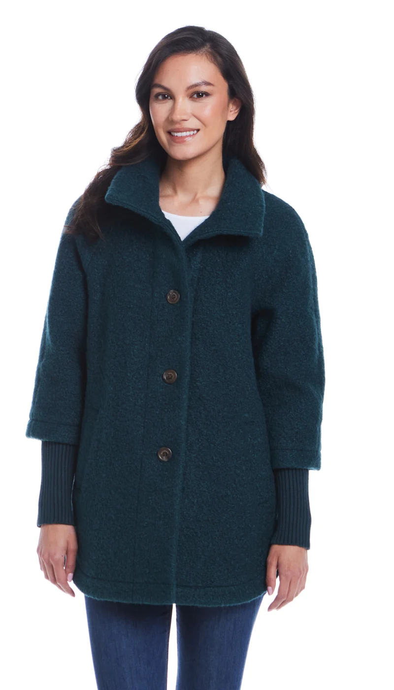 BUTTON FRONT BOUCLE TOPPER WITH KNIT SLEEVES - Image 3