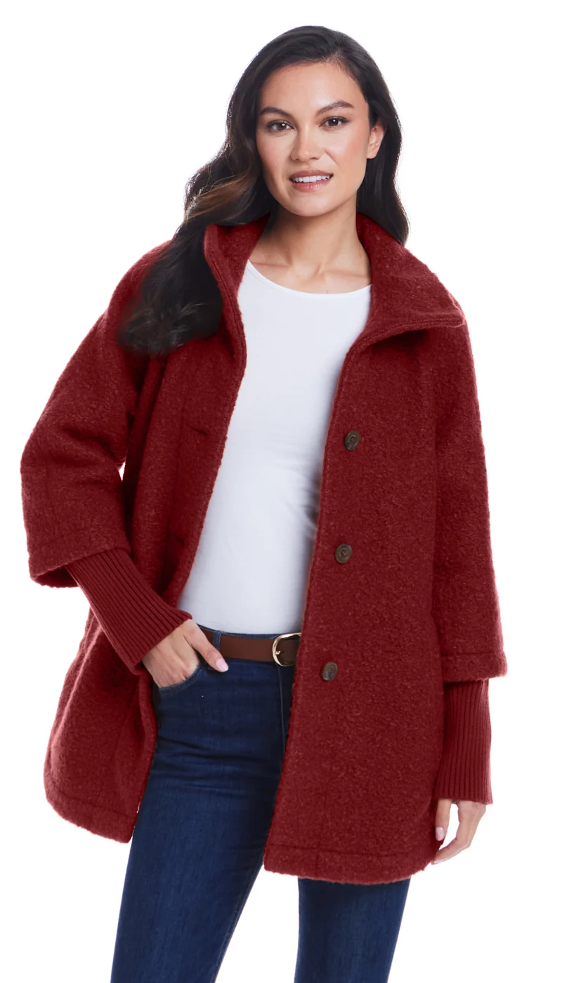 BUTTON FRONT BOUCLE TOPPER WITH KNIT SLEEVES - Image 30