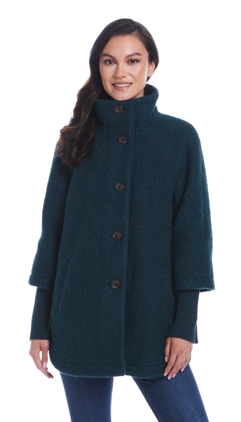 BUTTON FRONT BOUCLE TOPPER WITH KNIT SLEEVES - Image 6