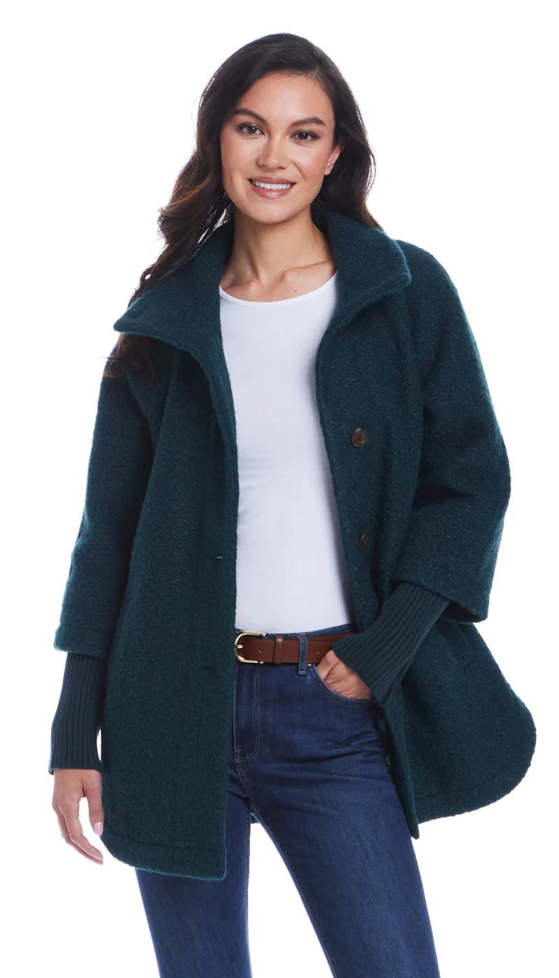 BUTTON FRONT BOUCLE TOPPER WITH KNIT SLEEVES - Image 9