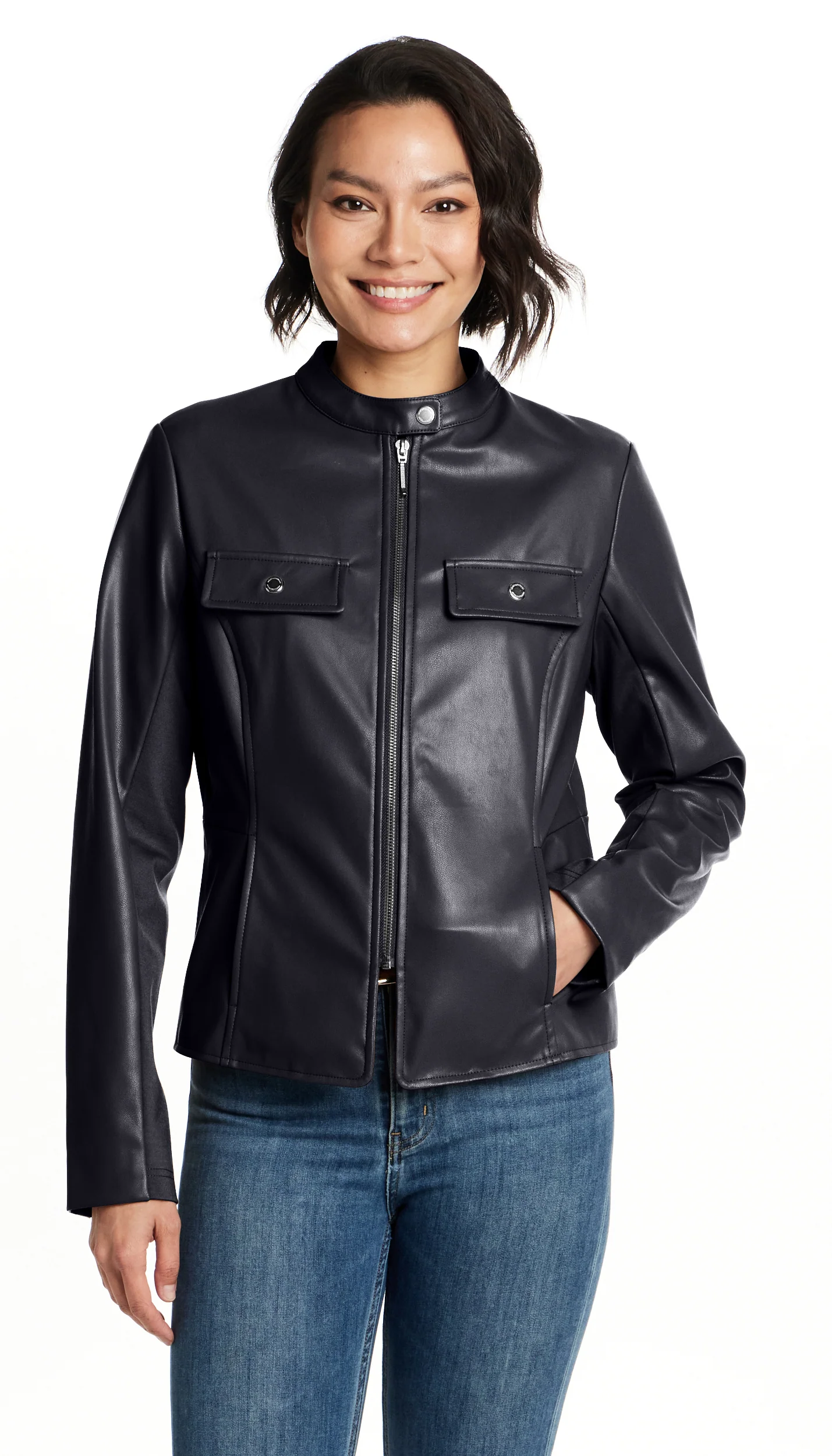FAUX LEATHER JACKET WITH STRETCH KNIT - Image 3