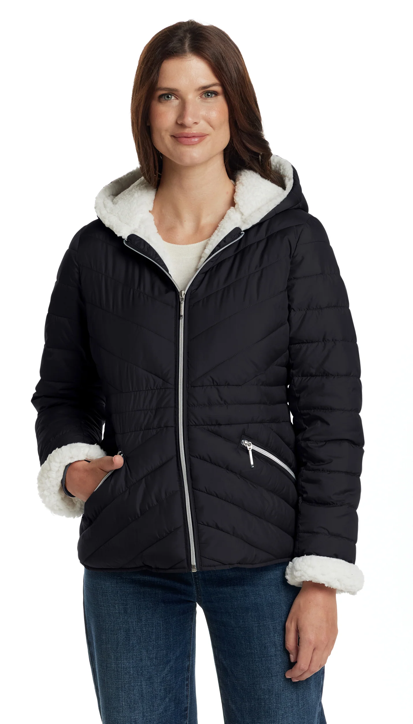 CHEVRON QUILTED PUFFER COAT WITH COZY FLEECE LINING - Image 10